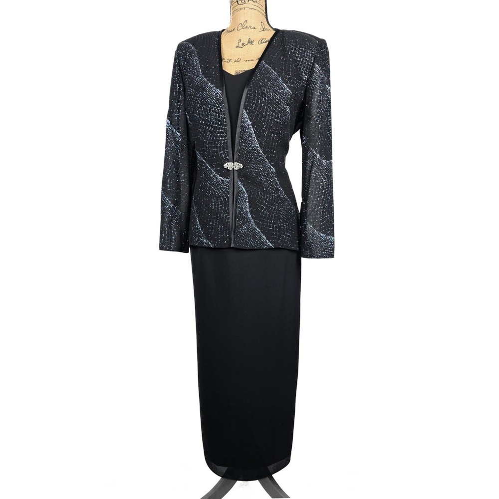 R&M Richards Petite Black Silver Glitter Jacket Dress 2 Piece Formal Size 12P - Picture 2 of 16